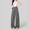 Cement Gray Women's Wide-Leg High-Waisted Floor-Length Cargo Jeans - 2025 Spring/Autumn Retro Style