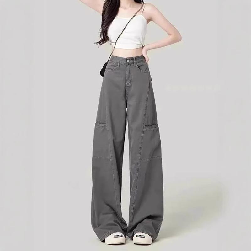 Cement Gray Women's Wide-Leg High-Waisted Floor-Length Cargo Jeans - 2025 Spring/Autumn Retro Style