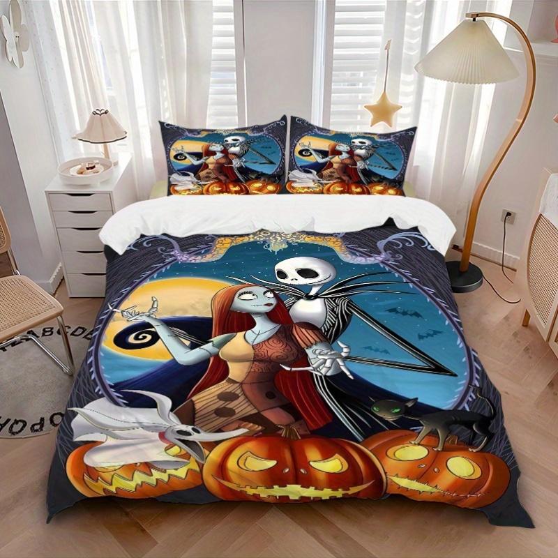 3pcs Halloween Jack And Sally Bedding Set, Includes 1 Quilt Cover and 2 Pillowcases, Comfortable Bedding with Stylish Design for Bedroom, Ma