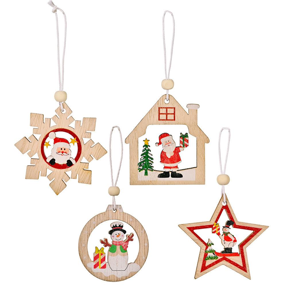 Festive Christmas Wooden Ornaments Set Of Twelve Including Santa And Snowflakes