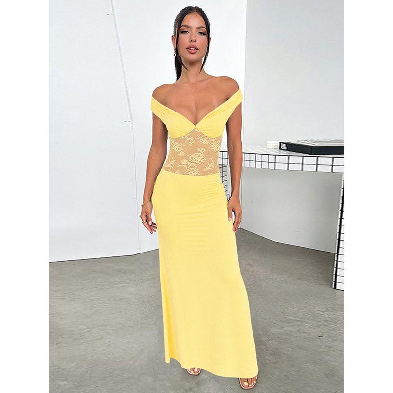 

D25ds094 European and American Women s Clothing Pure Color off-Shoulder Backless Lace Patchwork a Word Long Dress Yellow M