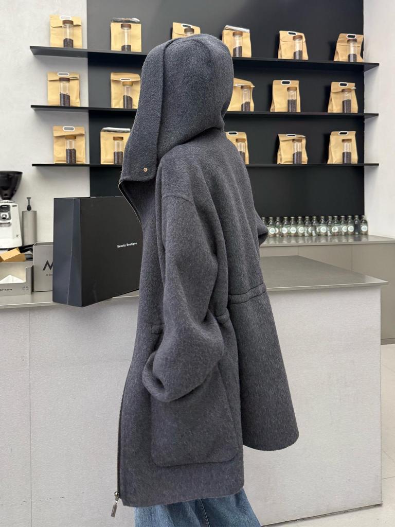 Damen Koreanischer Kaschmirmantel mit Kapuze und Reißverschluss, doppelseitig: Einfarbig, Mittellang, Vielseitig und Verdickt Lockeres Oberbekleidungsstück.