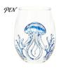 Beach House Kitchen Decor Marine Animal Theme Clear Glass Tumbler, Handcrafted Painted Glassware, Artistic Nautical Decorative Cup Creative