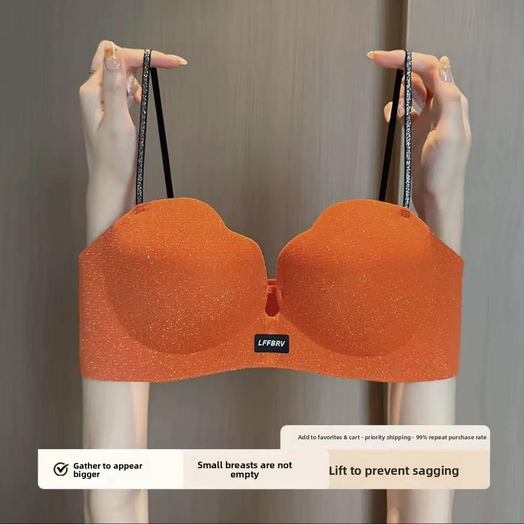 Glitter Strap Petal Cup Seamless One-Piece Bra, Push Up Rounded Bust Small Bust Enhancing Women Bra