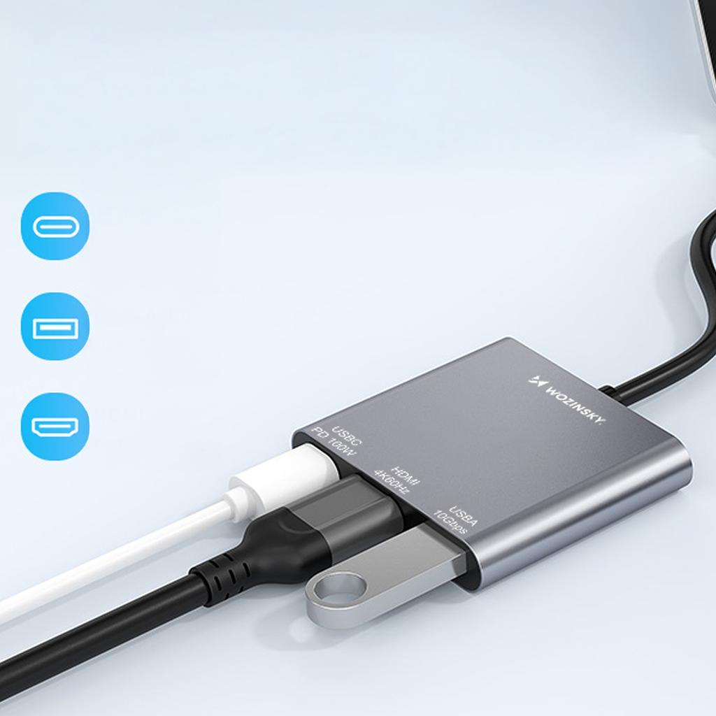 Hub Rozdzielacz USB-C Na USB-C USB-A HDMI PD 10 Gb/s 4K - Szary