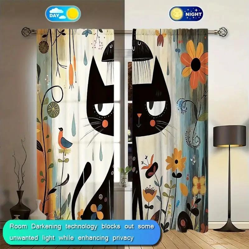 2 Pcs Cartoon cat flower print curtains,suitable for bedroom,living room kitchen decoration,home decoration,window decoration