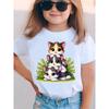 European Sizes Summer Fashion Girls' Short-Sleeve T-Shirt with Three Little Cats Lying Together Cartoon Print, Casual and Versatile Top