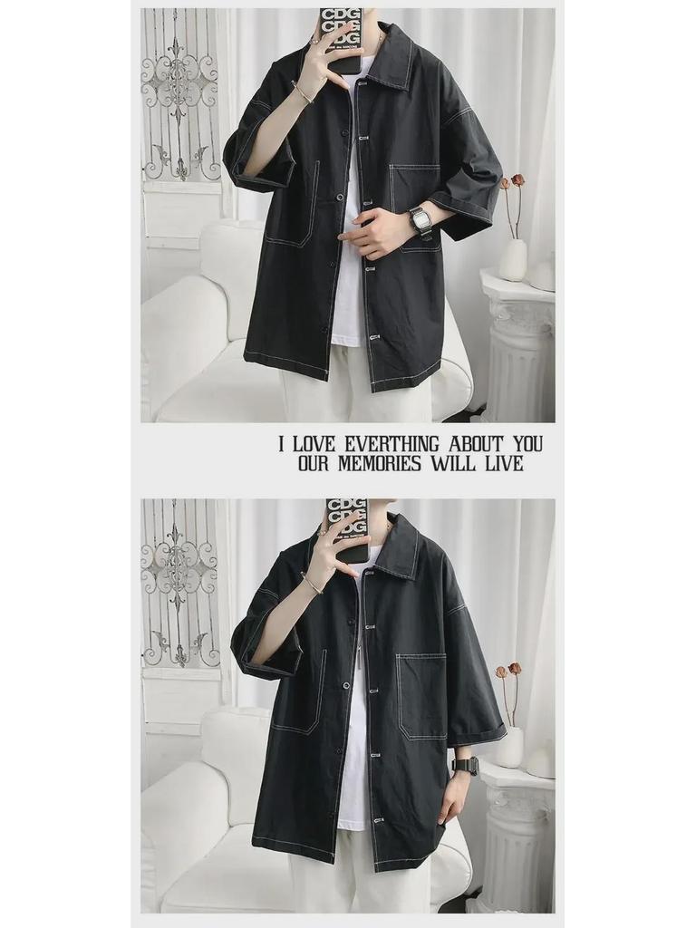 Men's Trendy Short-Sleeve Workwear Shirt - Hong Kong & Japanese Style, Loose Fit, Summer-Ready