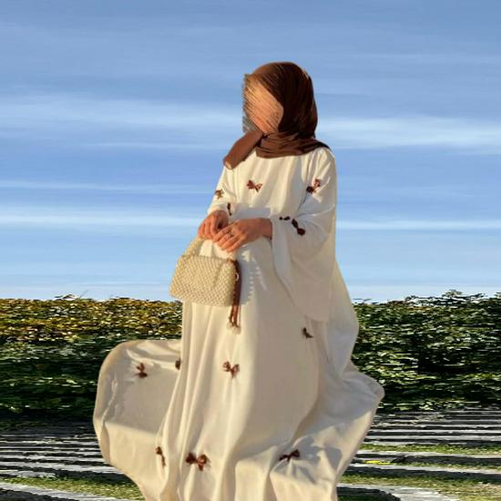Arabic Women's Plus Size Flare Sleeve Abaya Dress - New 2025 Style, Dubai Bow Design