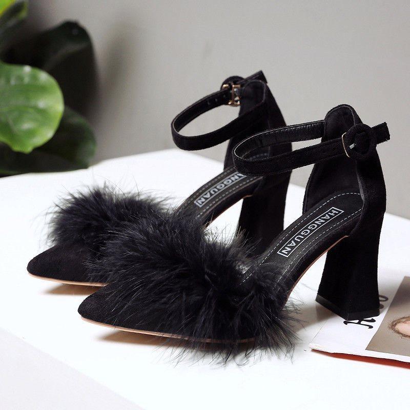 High heels autumn and winter Mao Mao women's shoes thick heel student versatile new pointed one-word buckle fashion single shoes tide