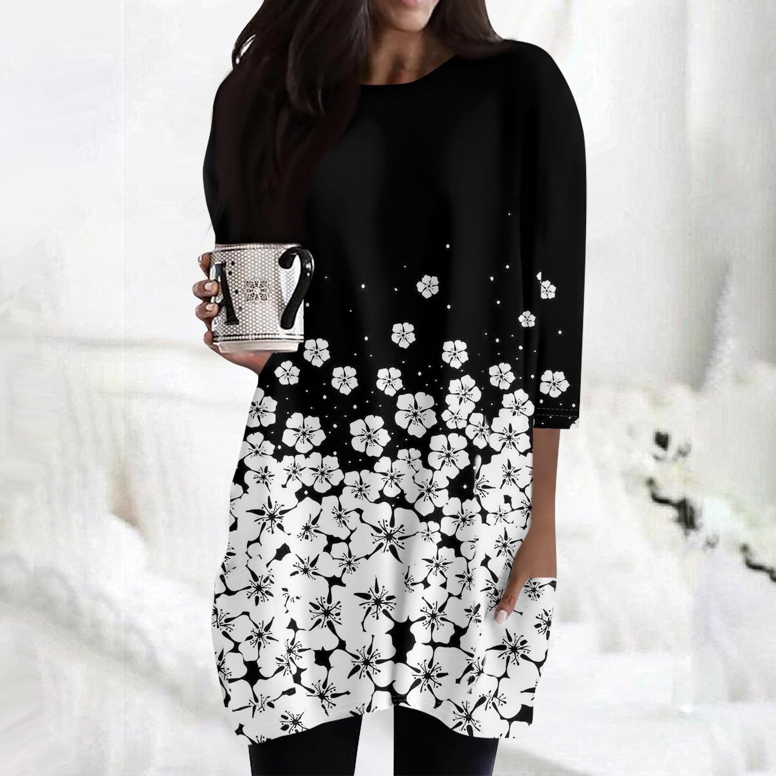

Женские повседневные рубашки с рукавами 3/4, модные туники с принтом, топы с карманами L чёрный