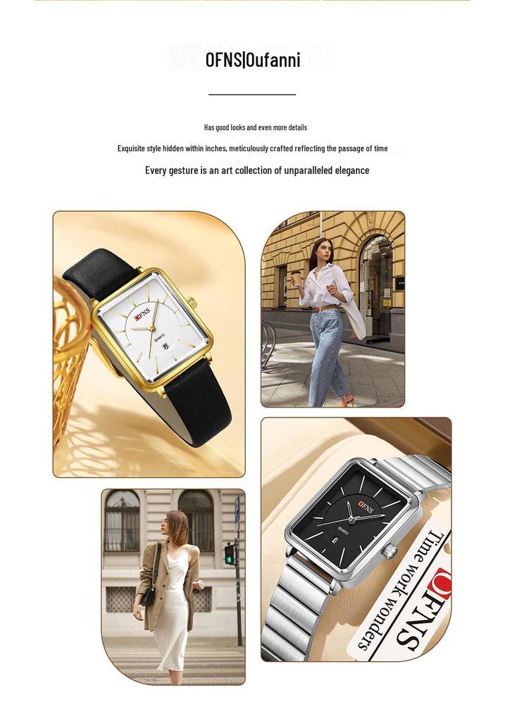 OFNS Women's Retro Square Watch – French Design, Simple Bar Markers, Business Style, Calendar, Waterproof, Quartz Movement.
