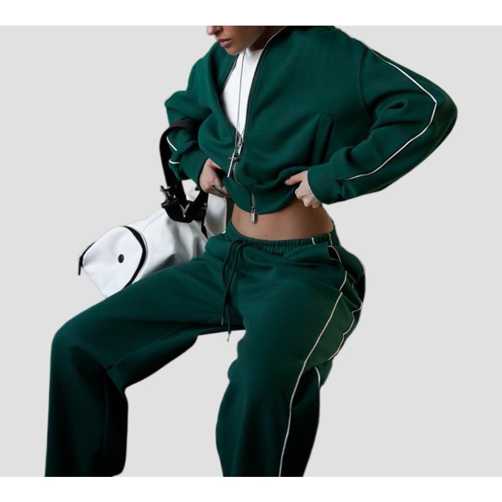 Women's Oversized Two Piece Tracksuit Zip Up Long Sleeve Crop Jacket Drawstring Waist Wide Leg Jogger Pants Matching Set