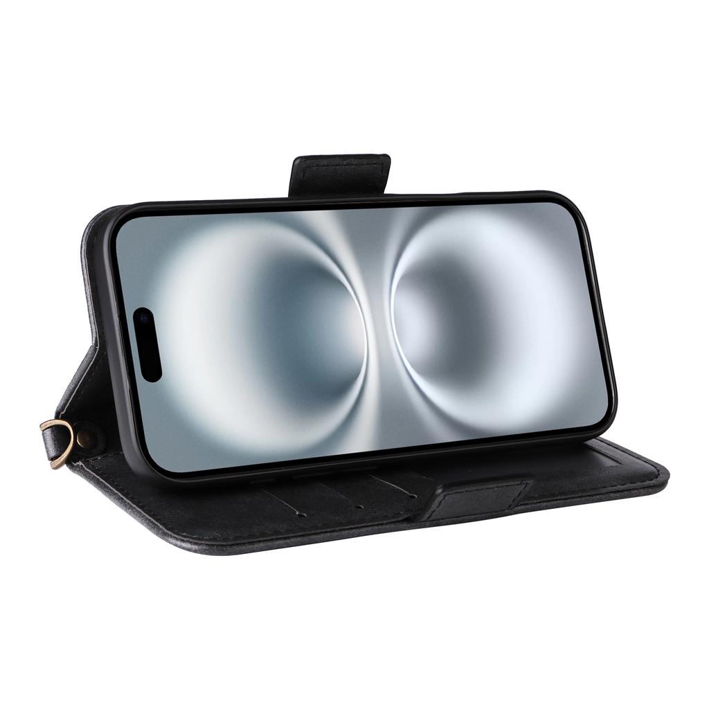For iPhone 16 Plus Leather Case Magnetic Closure Wallet Stand Phone Cover with Crossbody Strap