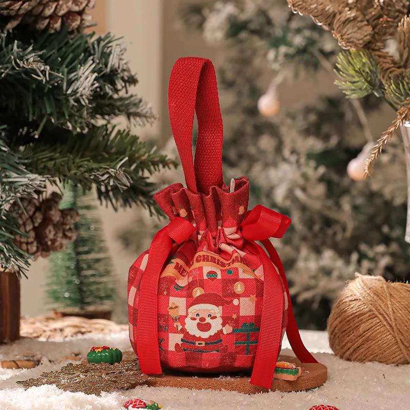 Handheld Christmas Eve Apples Gift Box Portable Canvas Christmas Gift Apples Candy Drawstring Bag for Christmas New Year Party