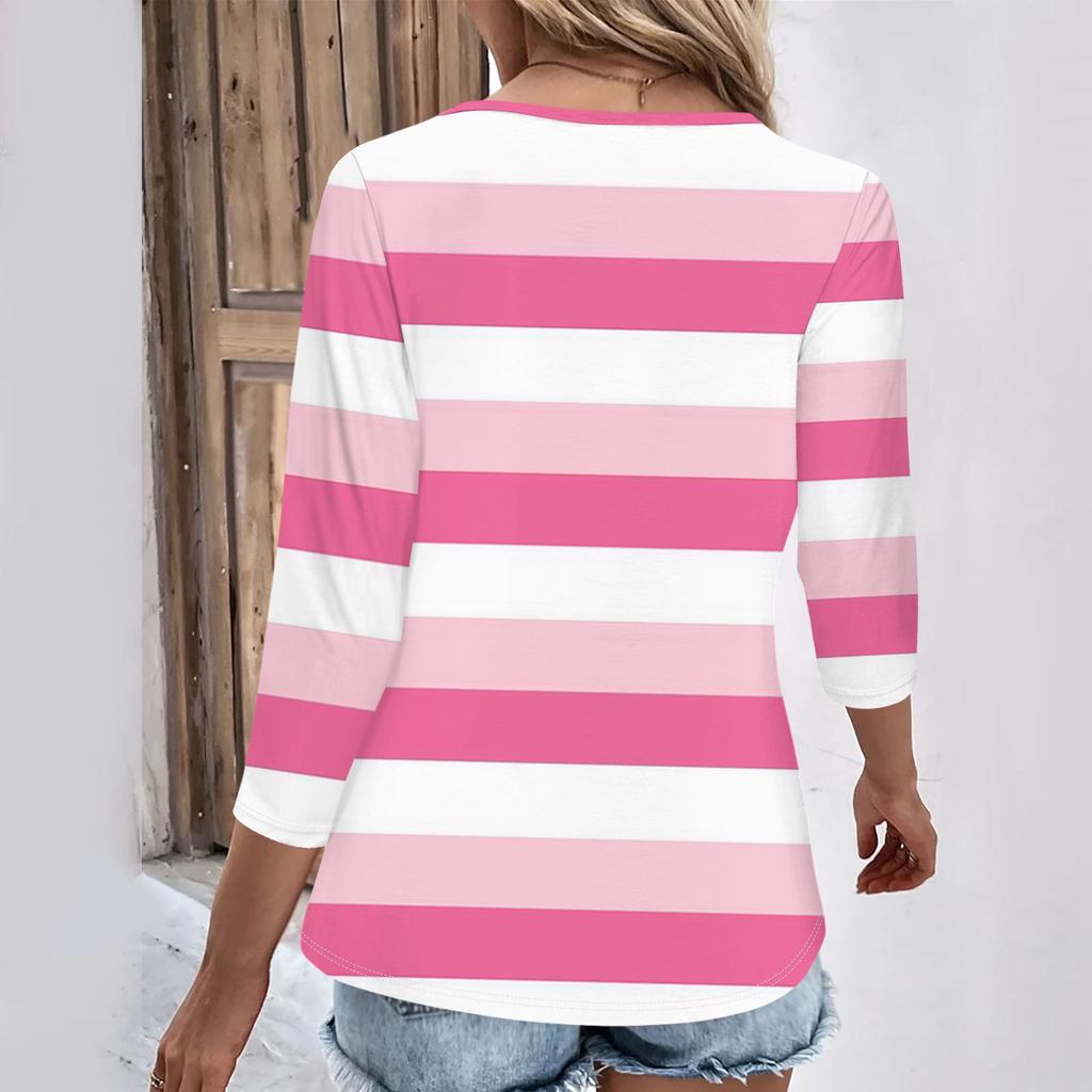 Damen-T-Shirt mit 3/4-Ärmeln, für den Alltag und das Wochenende, V-Ausschnitt, lässig, bedruckt, lockere Passform, plissierte T-Shirts, Damenbluse