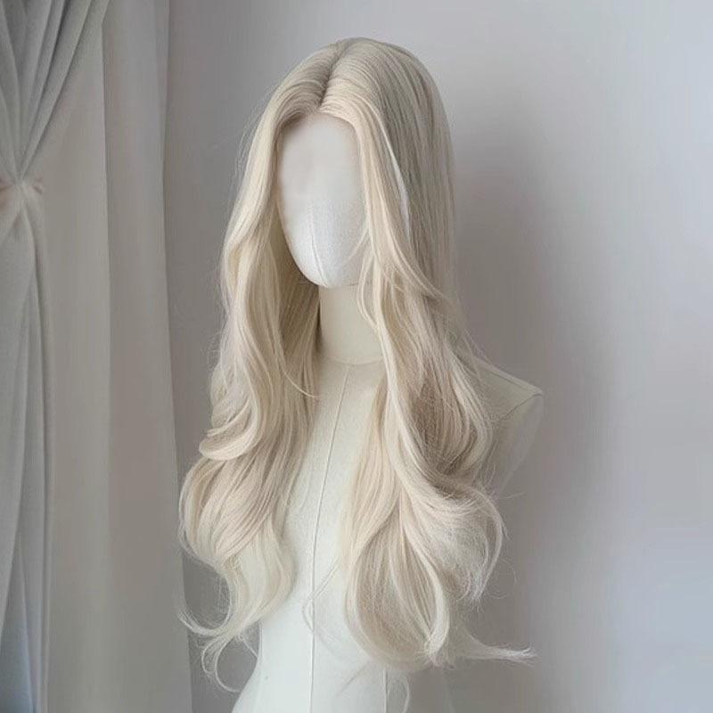 White Gold Long Curly Synthetic Wig High Quality Fashion Big Wave Bangs Women's Hair Wig