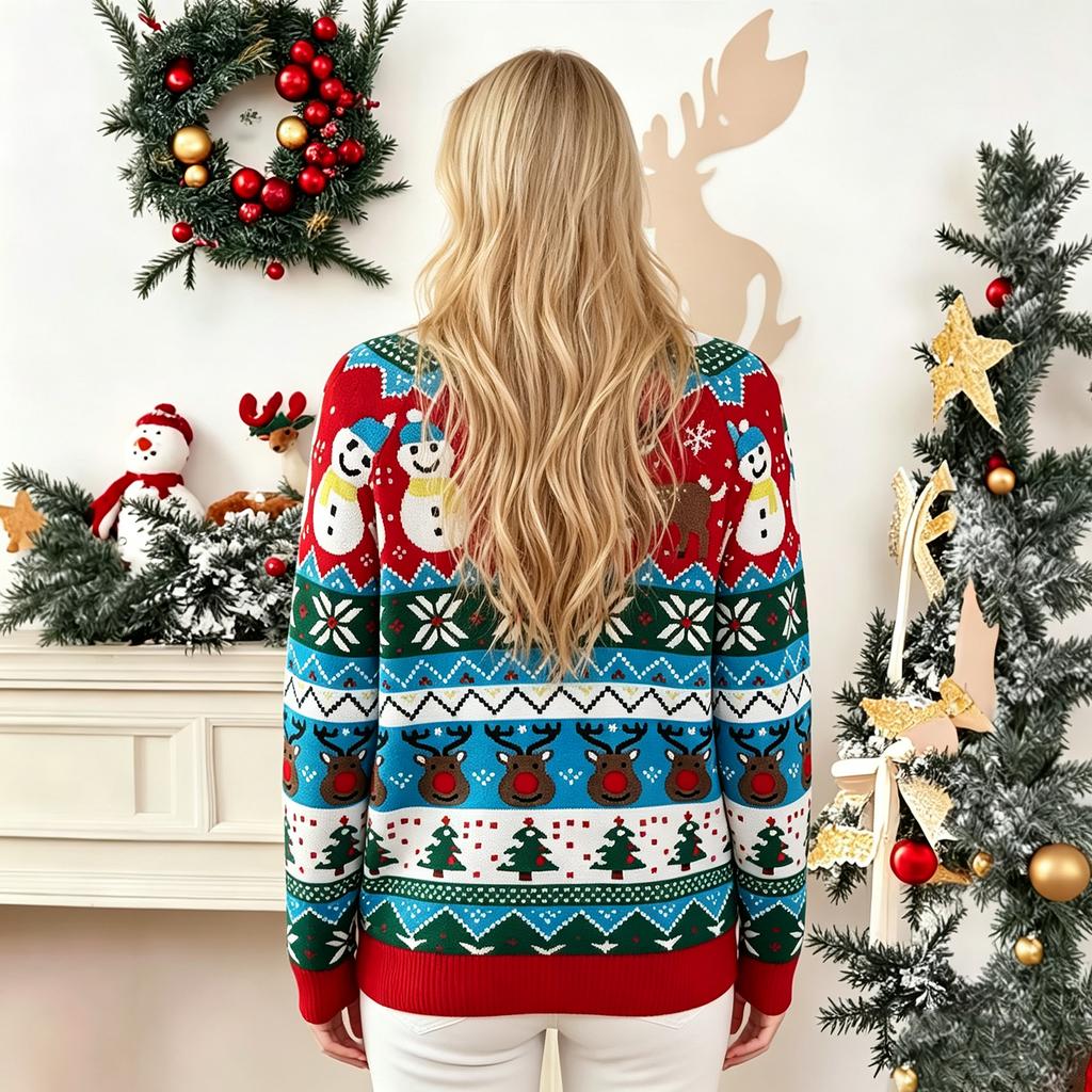 Women's Christmas Sweater Crewneck Pullover Casual Loose Fit Knit Top for Holiday Party