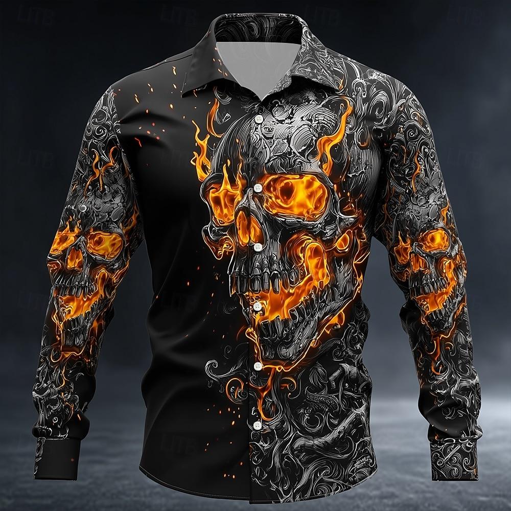Halloween Men's Skull Flame Halloween Costumes Shirt Button Up Shirt Long Sleeve Shirt Gothic Style Tops Fall Winter