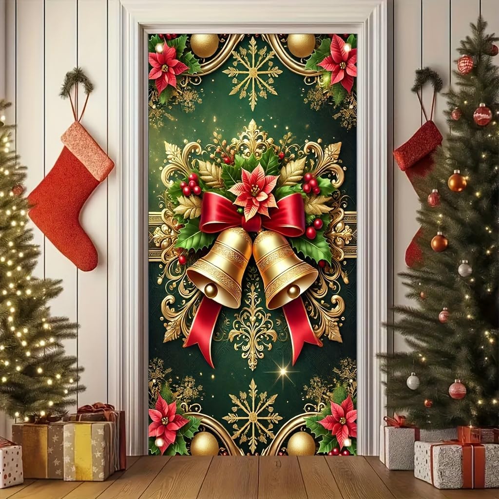 Christmas Door Cover Gold Bell Poettia 71x35 Inch Large Holiday Decoration for FrontDoor Wall Indoor Outdoor Xmas Party Winter Festival Home Decor
