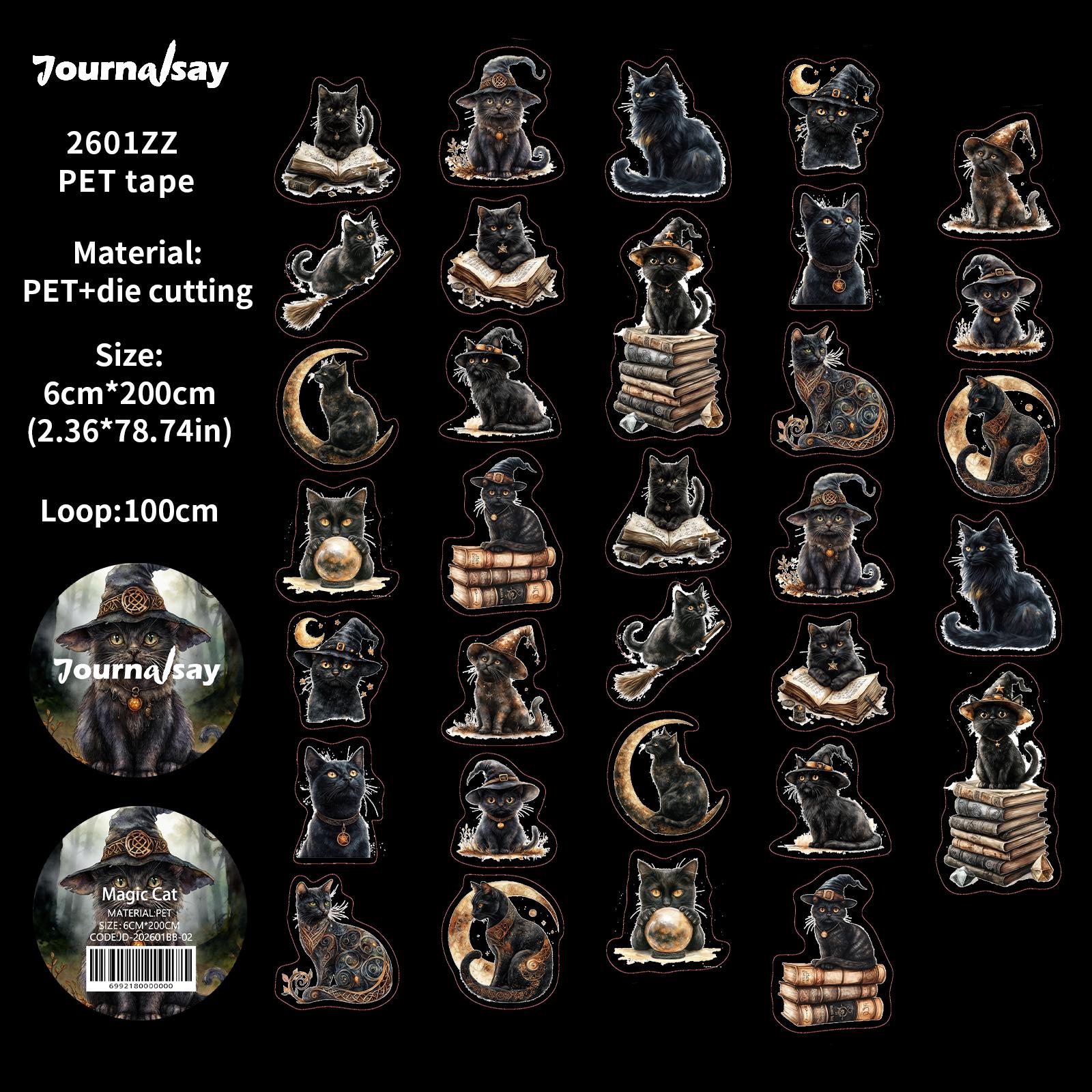 

JIANWU 60mm*200cm Vintage Dark Magic Cat Landscape Material Collage Scrapbooking PET Tape Creative DIY Journal Stationery