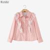 ZANZEA Women Casual Turn Down Collar Long Sleeve Lace Splice Print Blouse