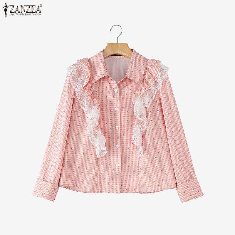ZANZEA Women Casual Turn Down Collar Long Sleeve Lace Splice Print Blouse