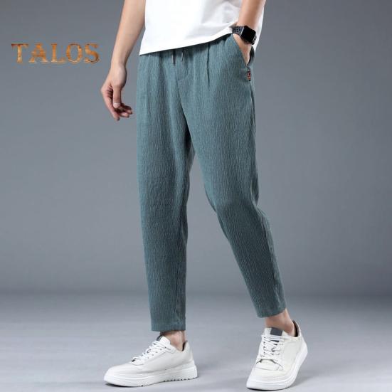 Men Ninth Pants Drawstring Elastic Waist Straight Leg Loose Solid Color Pockets Plus Size Daily Wear Casual Sport Trousers Long Sweatpants