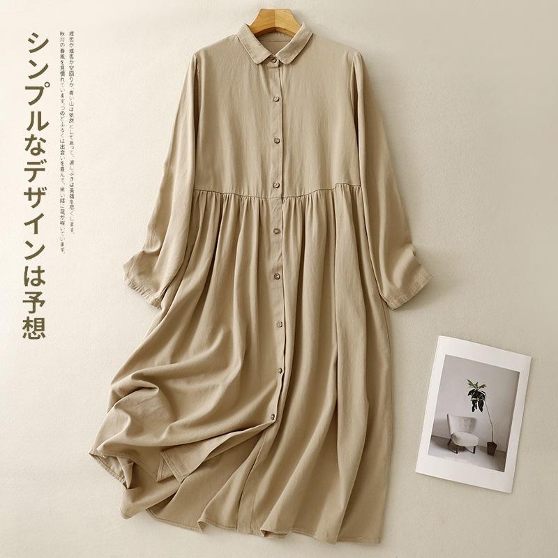 

Весна 2025 новый отложной воротник свободное платье из хлопка и льна, скрывающее полноту, женская юбка-рубашка Мори средней длины 2XL