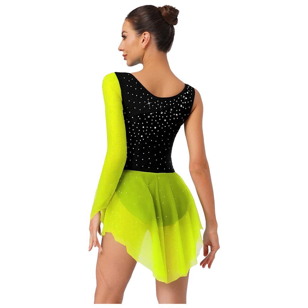 Damen Gradient Leotard Kleid Langarm Ärmellos Strasssteine Unregelmäßiger Netzsaum Eiskunstlauf Ballett Body