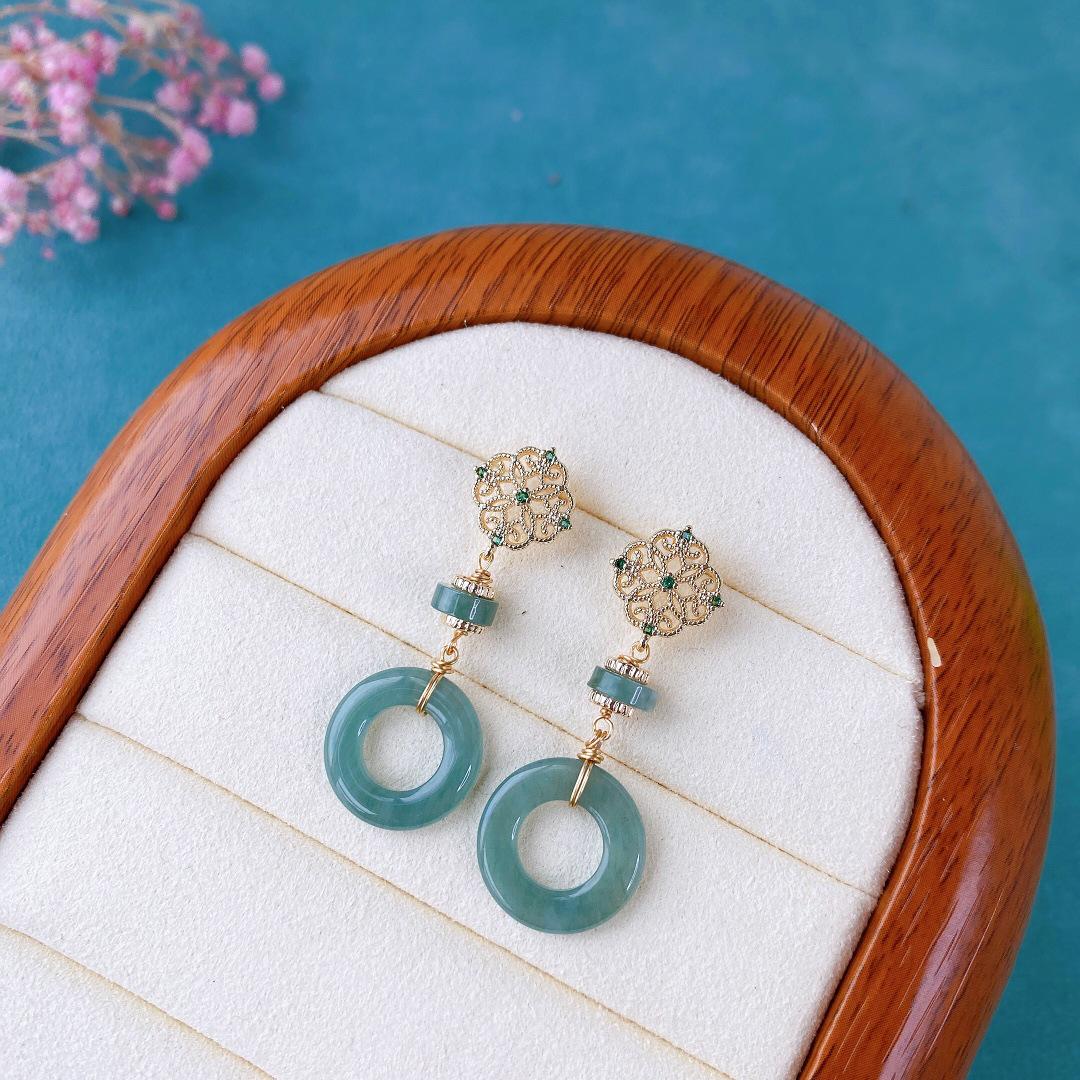 Guatemala Blue Water A-Grade Natural Jade Peace Buckle Earrings, 14K Gold-Plated Dangle. Peace Buckle Stud Earrings