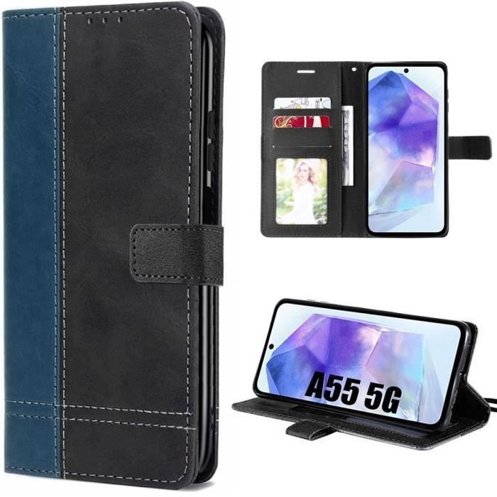 Coque de protection - booling - samsung galaxy a55 5g - effet cuir bicolore - bleu marine - semi-rigide