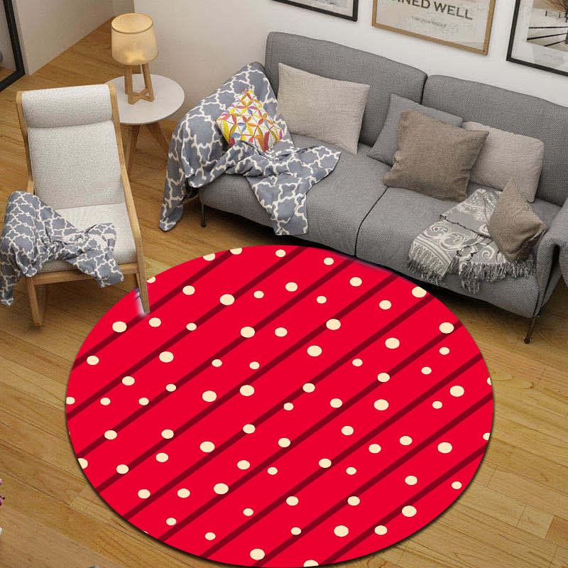 Round Area Carpet Red Diagonal Stripe Cream Polka Dot Abstract Minimal Living Room Decor