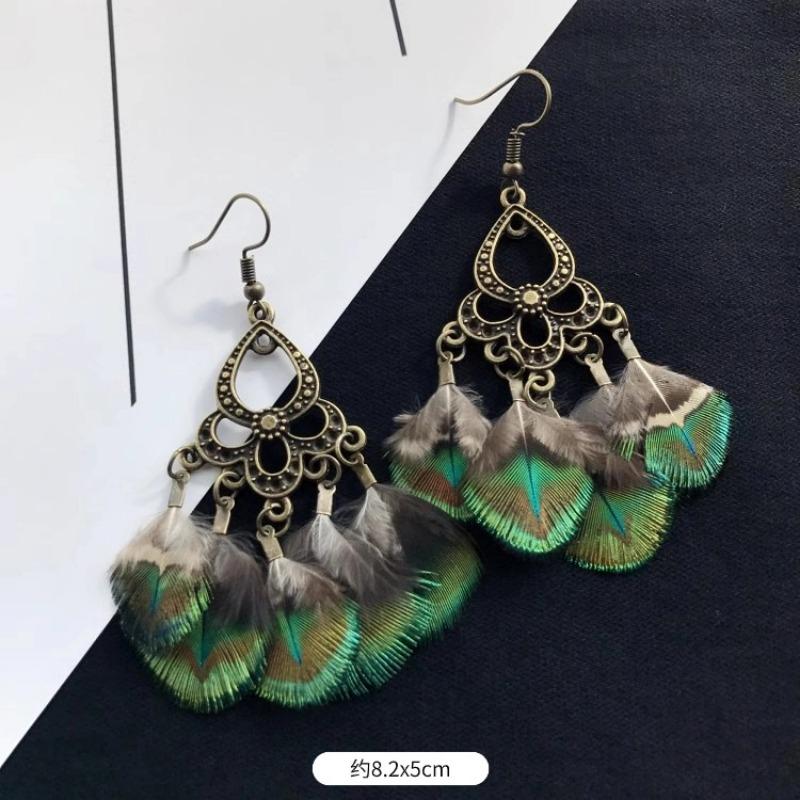 Retro Peacock Feather Fringed Earrings Women's Bohemian Fashion Elegant Temperament Versatile Long Earrings