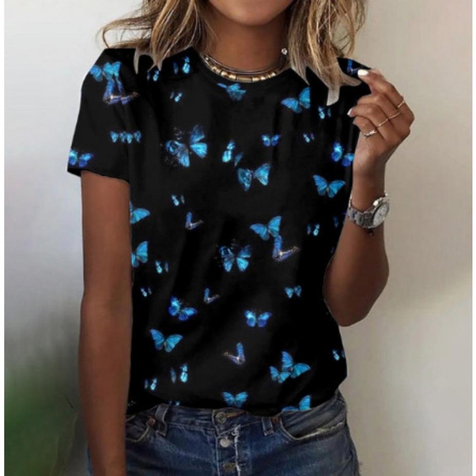 Summer Round Neck 3D Colorful Butterfly on Black Background Print Top Fashionable Casual Short Sleeved Women's T-shirts