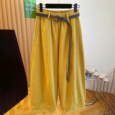 Calças Femininas Plus Size Espessas Elásticas Cintura Alta Calças Compridas Cor Sólida Lã Casual Calças de Perna Larga