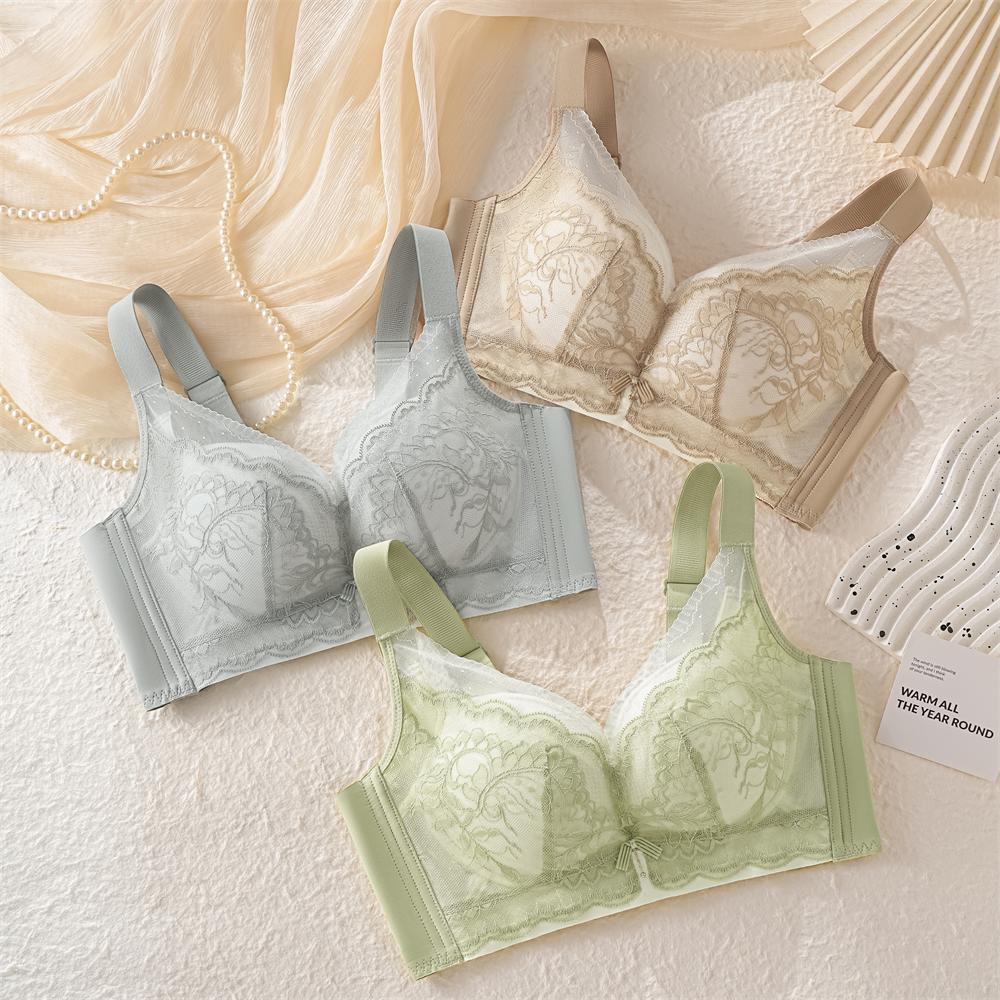 Non-magnetic steel rim bra, light and thin, large breasts, small lace bra, four-breasted breast adjustment type, large size.