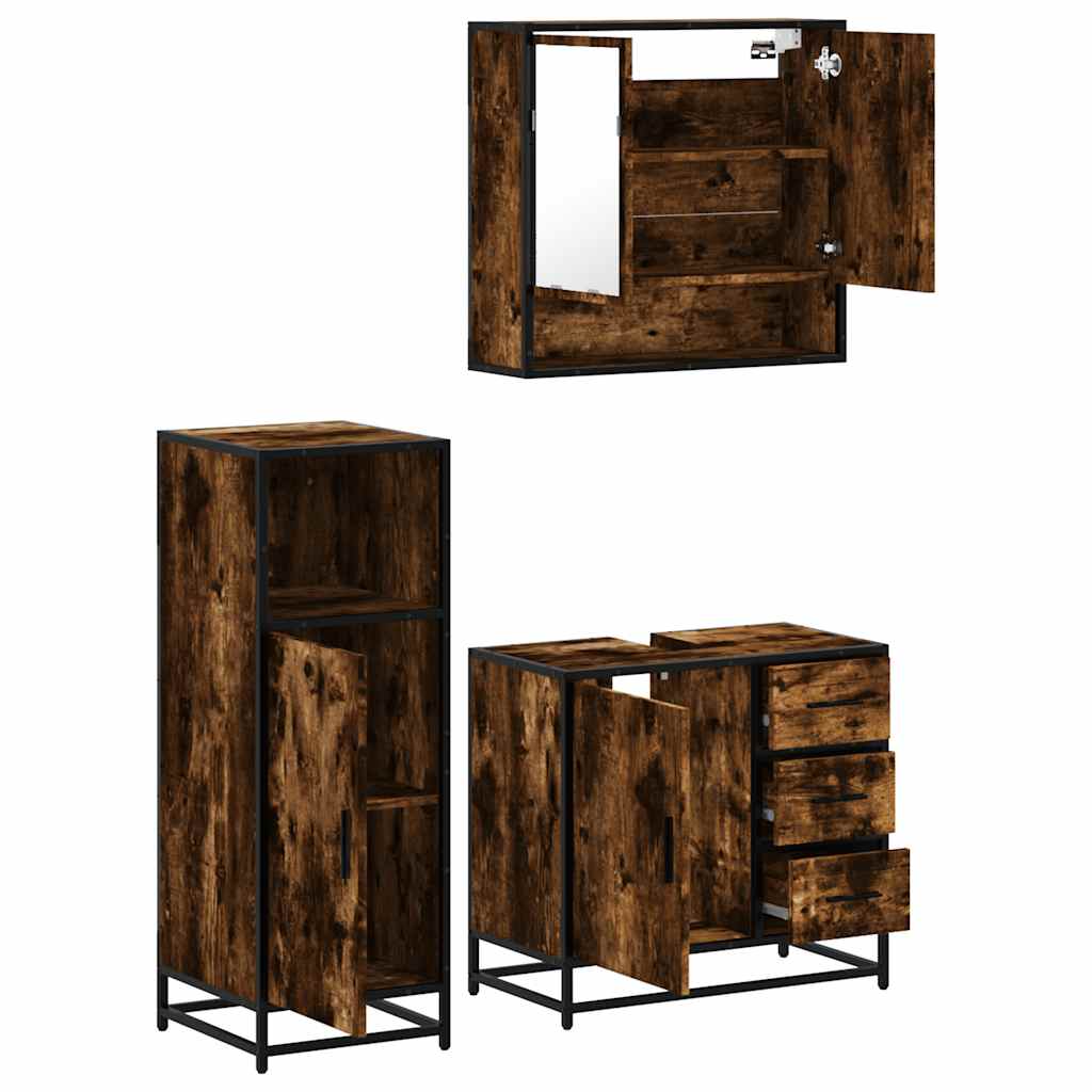 3 Piece Bathroom Furniture Set Smoked Oak Wood Based Material