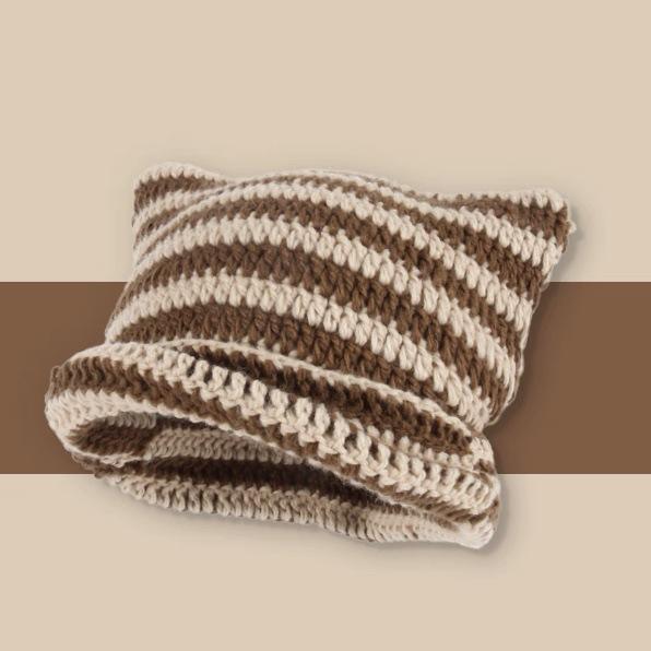 Y2K Women's Christmas Red Green Slouchy Beanies Crochet Acrylic Cotton Cap 3D Embroidered Demon Devil Cat Fox Ear Knitted Stripe