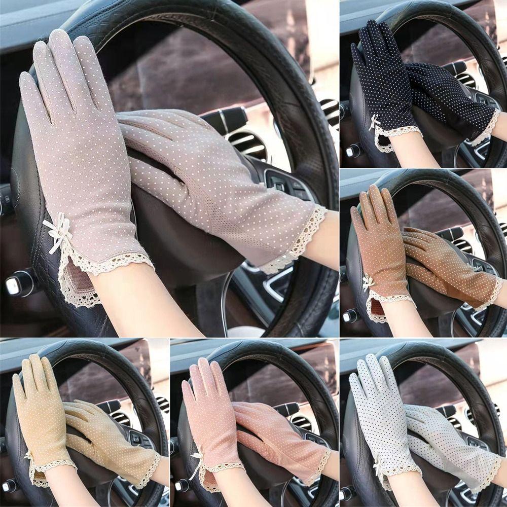 

Женские милые тонкие летние солнцезащитные перчатки в горошек, кружевные лоскутные перчатки с сенсорным экраном, перчатки для вождения