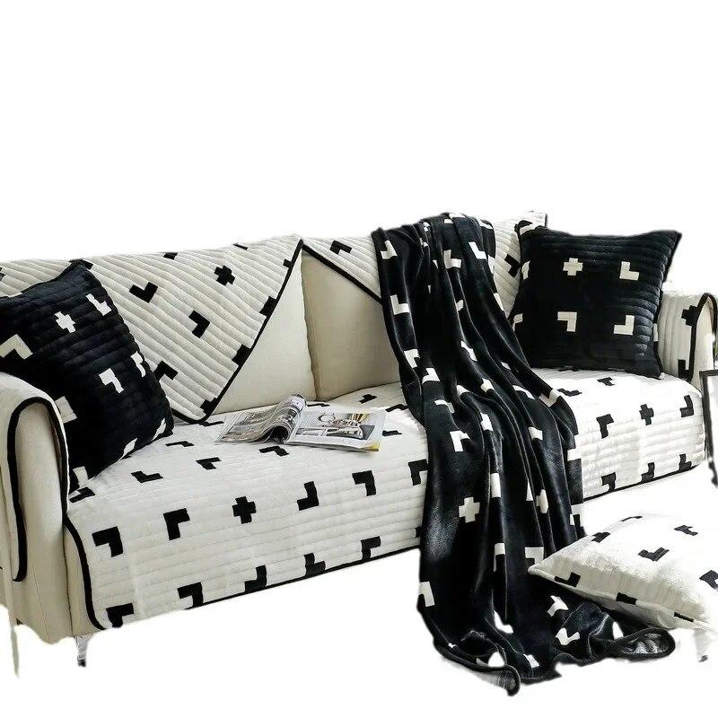 Thickened Black and White Sofa Cushion Winter Plush Non-Slip Simple Modern Plaid Straight Row Sofa Cover Cover Cloth Cushion