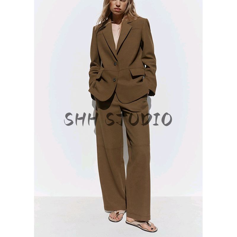 Suit with Padded Shoulder Straight-leg Long Sleeves Lapel Outwear 2518907 Loose Mid Waist Straight-Leg Trousers 2520907