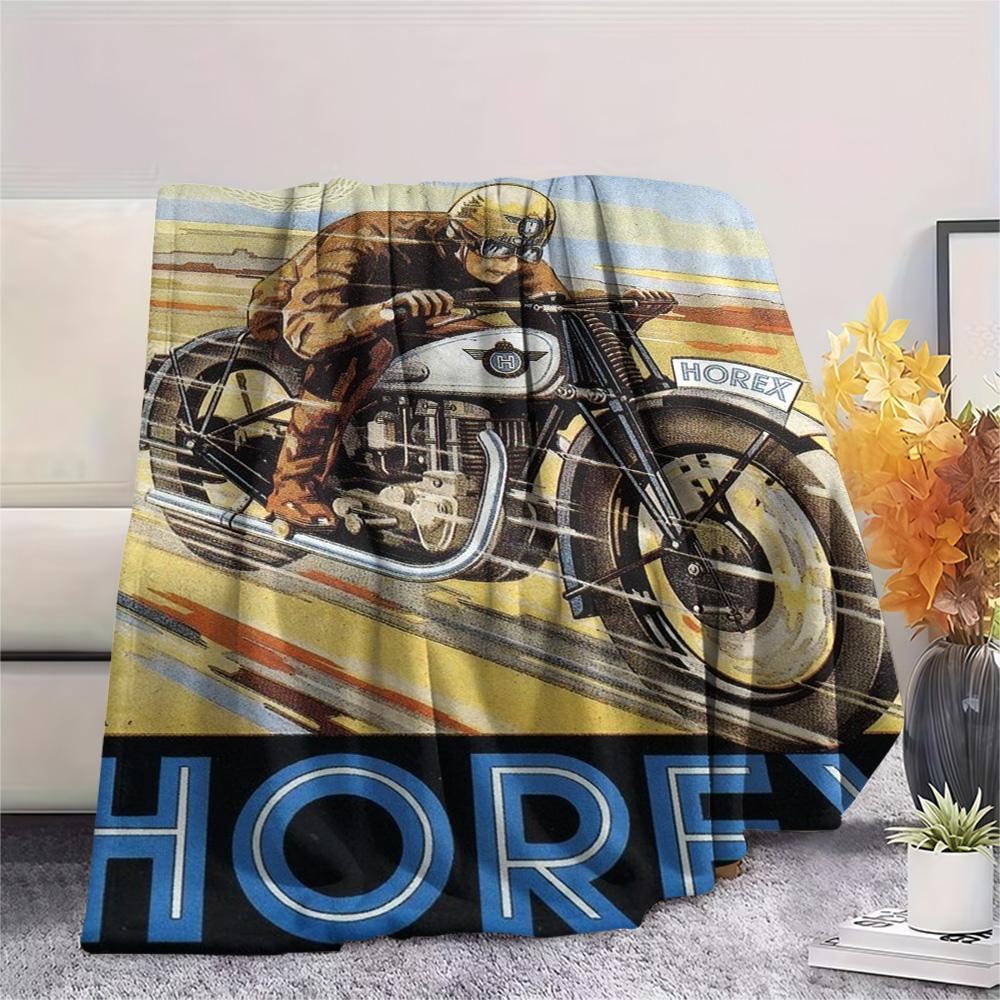 Vintage Horex Motorcycle Racer Poster Print Flannel Blanket Retro German Motorbike Art Throw Blanket Biker Bedroom Sofa Cover Mat