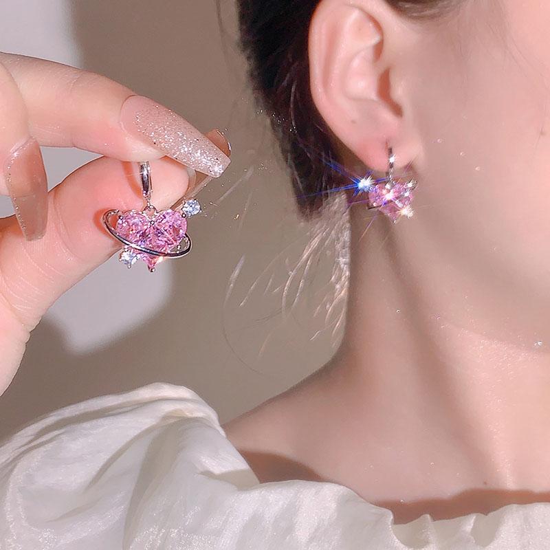 Pink Heart Pendant Necklace Earrings Women's Fashion Shiny Zircon Stud Earring Necklace Romantic Party Wedding Zircon Sets
