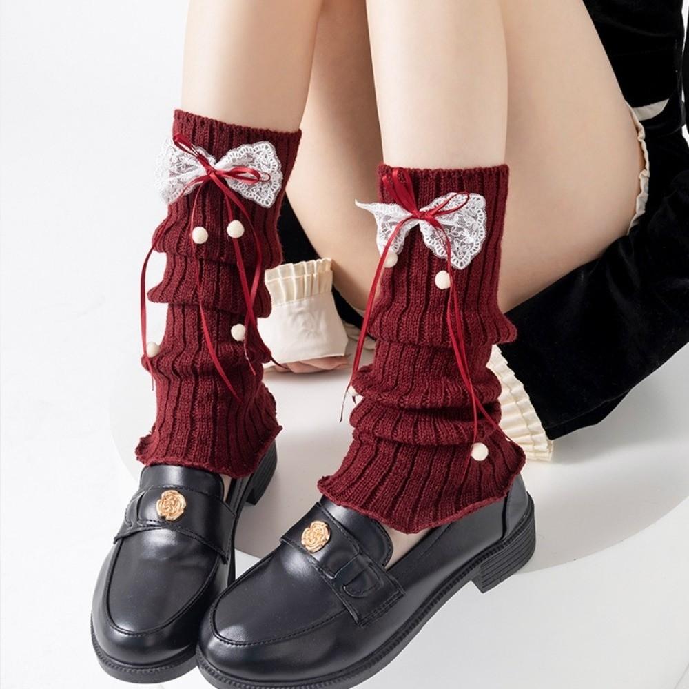 Bow Mid-Calf Sock Red Color Hosiery New Pile Sock  Autumn and Winter