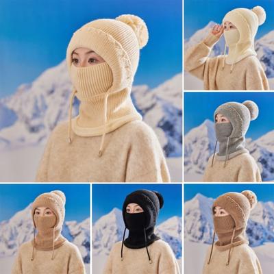 Women Windproof Knitted Hat with Fleece Lining 3-in-1 Hooded Scarf Cold Weather Skiing Hiking Headgear