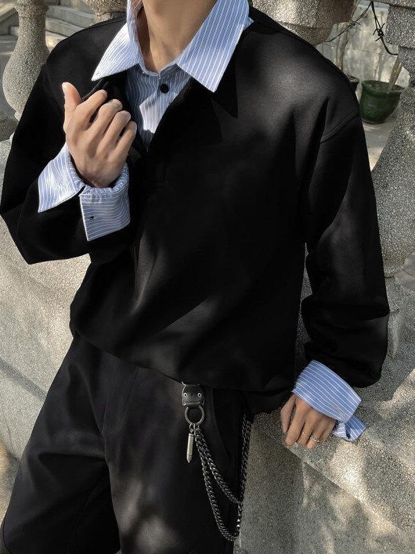 Men's Spring/Autumn Color Block Hoodie with Shirt Collar - Long Sleeve Patchwork Polo Jacket