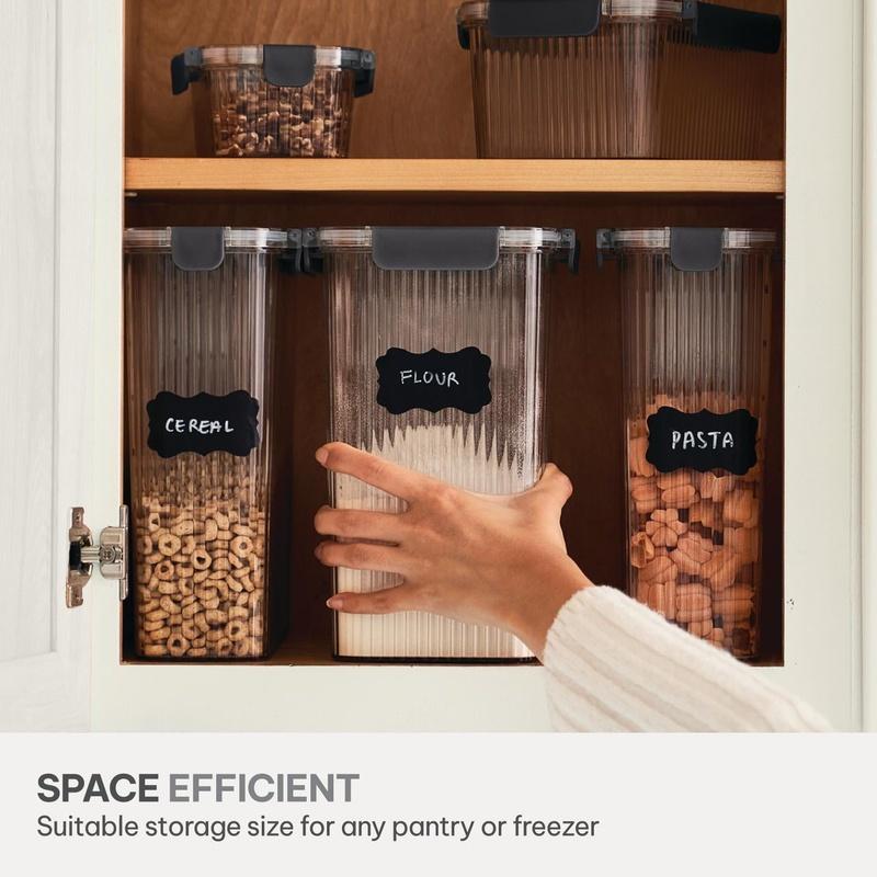 8 Piece Pantry Storage Container Set with Snap Lock Lids Clear Ribbed Design Food Organizer Includes Labels Perfect Dry Goods