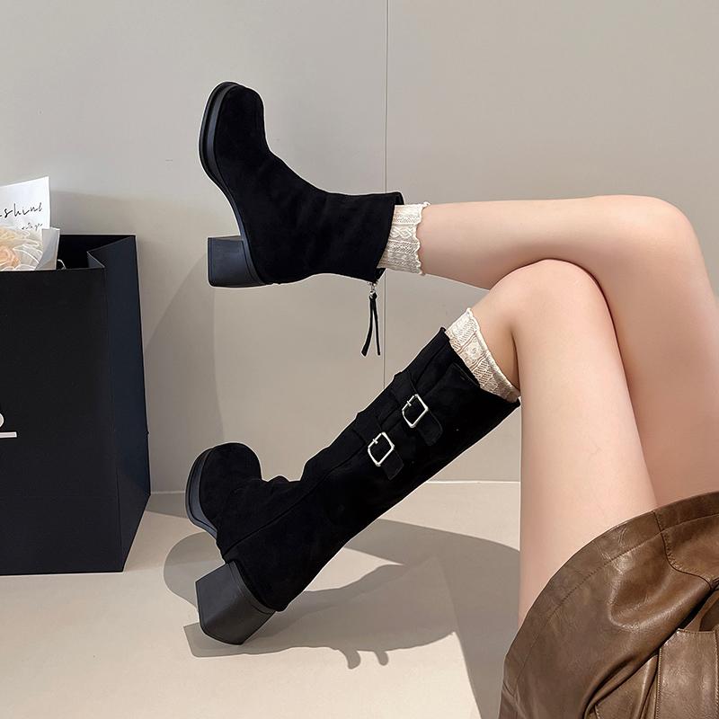 Fashion Autumn New Fashion Boots Women's Fashion Round Toe Suede Metal Buckle Platform Anti-Slip Wear-Resistant High Boots