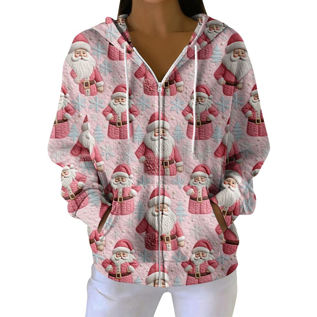 Women's Casual Fashion Long-Sleeved Zip-Up Christmas Print Knitted Hoodie